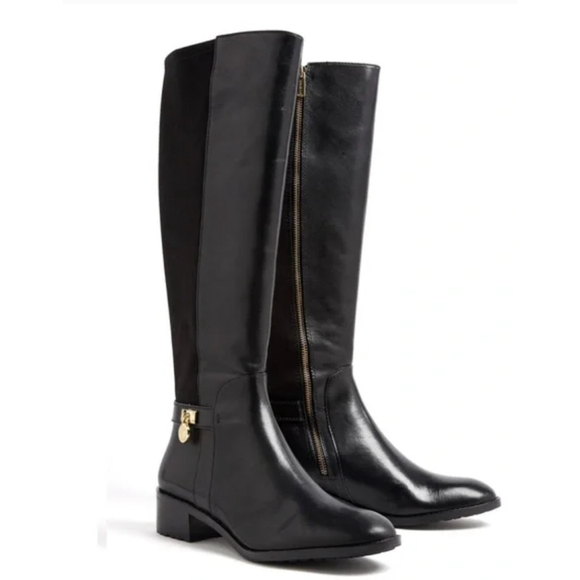 Michael Kors Hamilton Black Leather Stretch Boots Gold Tone Charm Size 8 - Picture 1 of 16